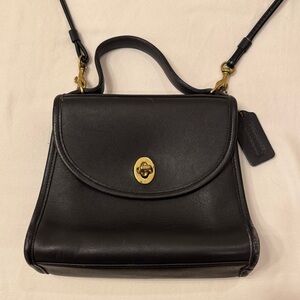 Vintage Coach Black Leather Top-Handle Bag with Gold Turnlock